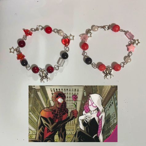 the new design for the bracelets i posted about a while ago as my charms finally came in!! i hope you still like the design and this bundle will be available for purchase in time for shop launch (coming soon!!). Miles And Gwen Bracelet, Spider Gwen Bracelet, Gwen Bracelet, Spider Man And Gwen, Bff Bracelets, Beaded Things, Nail Jewels, Design Bracelet, Spider Gwen