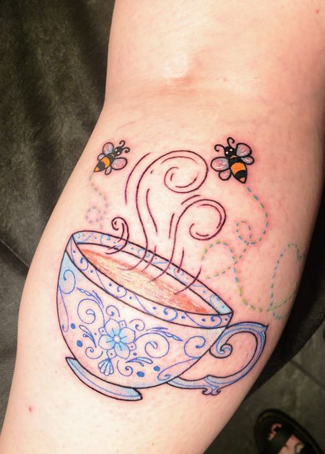 Tea Cup And Saucer Tattoo, Chipped Tea Cup Tattoo, Spill The Tea Tattoo, Cup Of Tea Tattoo, Coffee Mug Tattoo, Tea Cup Tattoo, Teapot Tattoo, Big Tattoos, Coffee Cup Tattoo