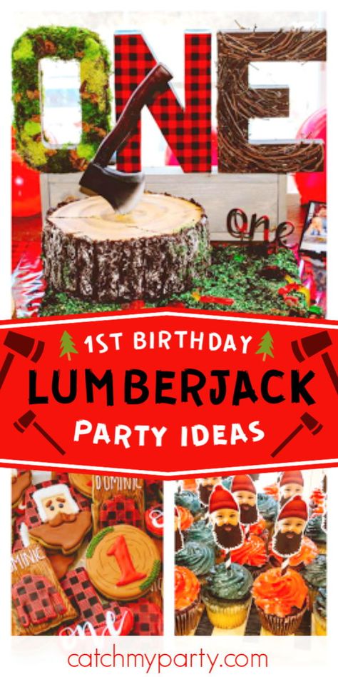 1st Birthday Lumberjack Theme, Lumberjack First Birthday Cake, Lumberjack Theme Party, Lumberjack Birthday Party Food, Lumberjack Party Ideas, Plaid Party Decorations, Lumberjack 1st Birthday, Grandchildren Activities, 1st Birthday Foods