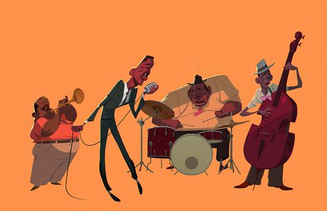 Jazz Band Illustration, Jazz Character Design, Jazz Band Art, Jazz Animation, Gang Character Design, Jazz Cartoon, Jazz Illustration, Band Illustration, Character Shapes