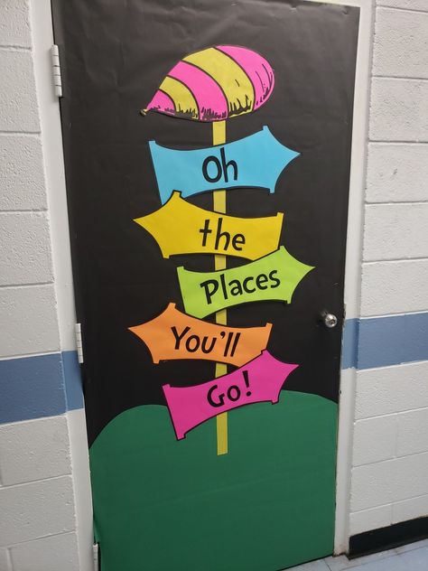 Oh The Places Youll Go Classroom Theme, Oh The Places You Will Go Classroom Theme, Oh The Places You Will Go Door Ideas, Nursery Door Decorations Classroom, Sky Door Decorations Classroom, Graduation Door Decorations Classroom, Reading Themed Classroom Door, Oh The Places You Will Go Craft, Oh The Places Youll Go Door Decorating