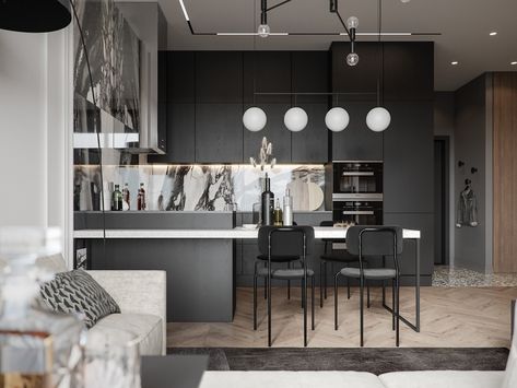 PRESNIA on Behance Modern Kitchen Apartment, Small Interiors, Black Apartment, Dark Interior Design, Flat Interior Design, Modern Kitchen Storage, Small Apartment Interior, Small Apartment Design, Modern Kitchen Interiors