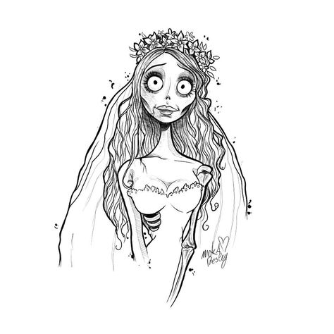 Tim Burton Bride Corpse, Corpse Bride Coloring Pages, Corpse Bride Sketch, Corpse Bride Tattoo Ideas, Bride Coloring Pages, Nightmare Tattoo, Corpse Bride Drawing, Corpse Bride Tattoo, Bride Tattoo