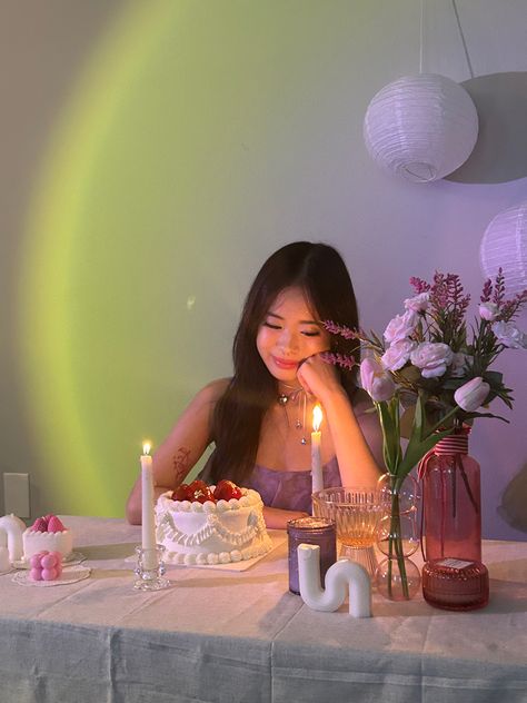 Korean 18th Birthday, Birthday Korean Aesthetic, Birthday Outfit Asian, Birthday Photoshoot Ideas Purple, Korean Themed Birthday Party, Birthday Aesthetic Purple, Korean Birthday Aesthetic, Korean Birthday Outfit, Purple Aesthetic Birthday