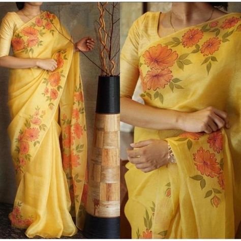 Mumbai Party, India Women, Saree Painting Designs, Saree Kurti, Saree Painting, Saree Floral, Floral Saree, Hand Painted Dress, Fabric Painting On Clothes