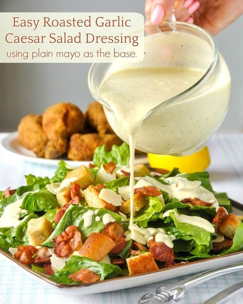 Roasted Garlic Caesar Salad Dressing. The easy way, using a plain mayo base. Roasting the garlic brings out its natural sweetness and adds a more mellow garlic flavour for an exceptional caesar salad.