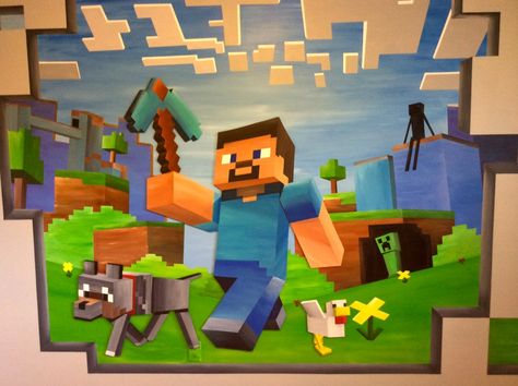 Minecraft Mural Minecraft Wall Painting Ideas, Minecraft Bedroom Wall, Minecraft Mural, Disney Wall Murals, Painting Minecraft, Minecraft Room Decor, Minecraft Wall, Backyard Kids Play Area, Minecraft Steve