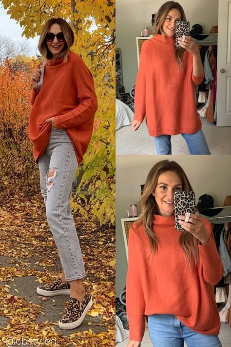 Orange Sweaters Outfit, Brick Orange Outfit, How To Wear Orange, Orange Sweater Outfit Winter, Orange Pullover Outfit, Orange Sweater Outfit Fall Looks, Orange Jumper Outfit, Orange Turtleneck Outfit, Orange Sweatshirt Outfit