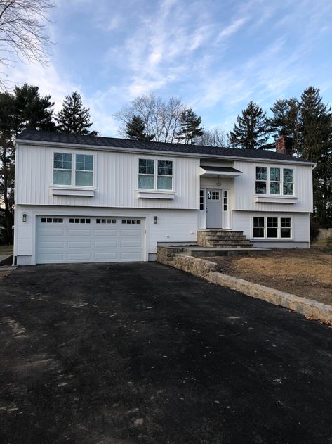 Raised Ranch Floor Plans, Bc Box Exterior Renovation, Raised Ranch Siding Ideas, Front Door For Split Level House, Raised Ranch To Colonial, White Raised Ranch Exterior, Split Level Remodel Exterior Farmhouse, Ranch House Remodel Second Story Addition, Partial Second Story Addition Ranch