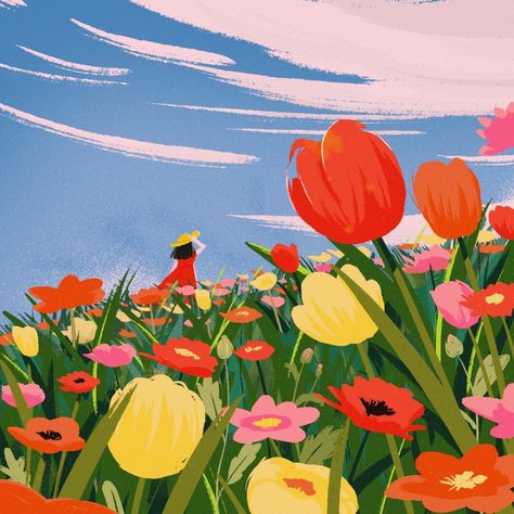 Flower Day on Behance Cute Art Backgrounds, Cute Murals, Flower Field Illustration, Fleur Illustration, Flowers Mural, Spring Poster, Aesthetic Illustration, Poster Paint, Spring Illustration