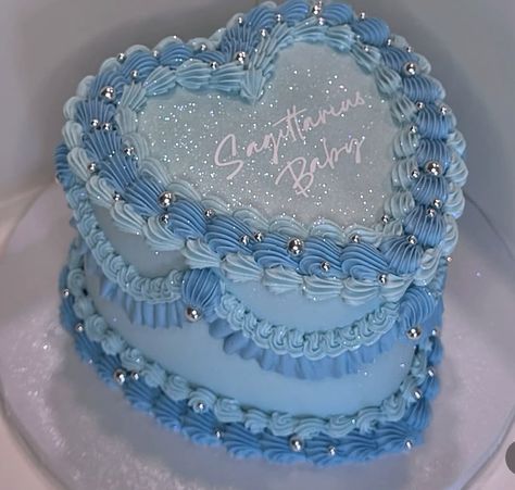 Light Blue Heart Shaped Cake, 13 Yo Birthday Cake, Heart 21st Birthday Cake, Pretty Blue Birthday Cakes, Colorful Heart Cake, Denim Birthday Cake, 20th Birthday Ideas Blue, Cute Blue Birthday Cakes, Sweet 16 Blue Cake