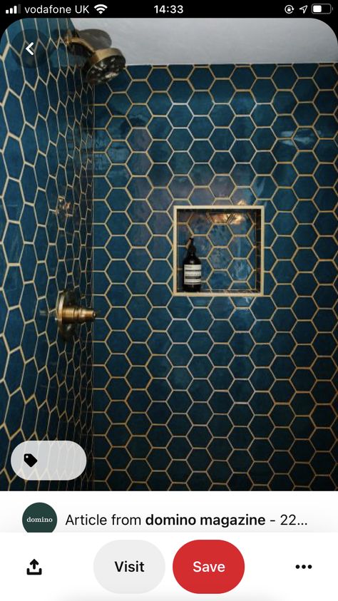 Blue Tile Gold Grout, Blue And Bronze Bathroom, Green Small Bathrooms, Teal Bathroom Ideas, Funky Bathroom, Unique Bathroom Design, Teal Tile, Bathroom Big, Teal Bathroom