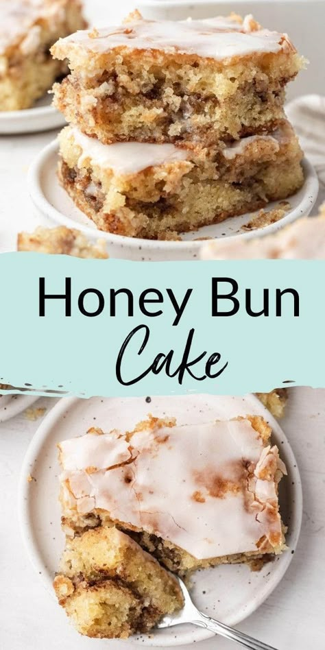 This honey bun cake from Live Well Bake Often features a moist yellow cake that's swirled with cinnamon sugar, then poked all over and drizzled with powdered sugar icing. It really is the BEST! This honey bun cake is perfect for breakfast, brunch, and even dessert! Try making this sweet treat today! Honey Cinnamon Cake, Honey Bun Recipe Homemade, Honey Bun Brownies, Imbolc Baking, Pumpkin Honey Bun Cake, Honey Dessert Recipes, Honey Bun Cake Recipe, Bun Cake Recipe, Honeybun Cake