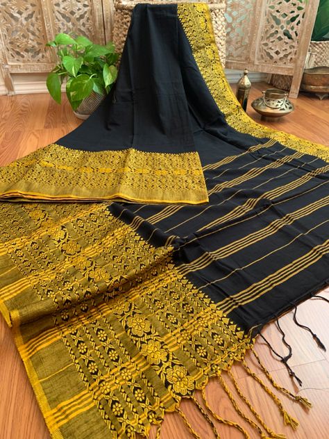 Begampuri Cotton Saree, Mustard Yellow Combination, Yellow Combination, Dupion Silk Saree, Cotton Sari, Jamdani Saree, Dupion Silk, Saree Trends, Tussar Silk Saree