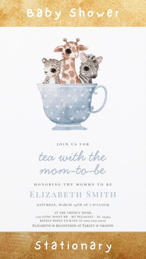 Tea Time Party Baby Animals Blue Boy Baby Shower Invitation. Tea Time Party Baby Animals Blue Boy Baby Shower Invitation Tea Party Baby Shower Decorations, Tea Party Baby Shower Invitations, High Tea Baby Shower, Baby Q Shower, Tea Time Party, Baby Shower Tea, Baby Q, Baby Shower Inspiration