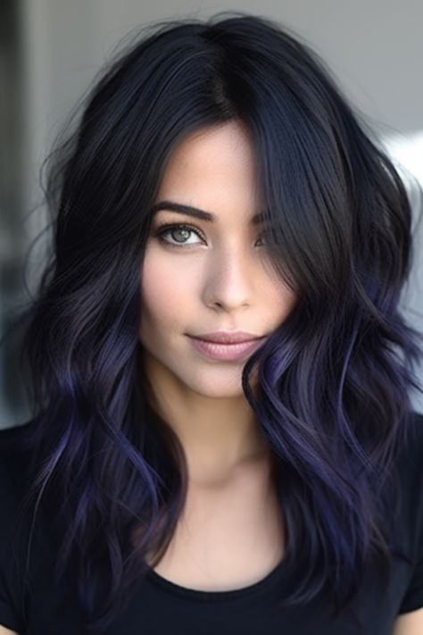 hair color ideas for brunettes - hairstyles Blue Bayalage Hair Dark, Brunette Blue Balayage, Blue Black Hair With Money Piece, Subtle Colored Hair Brunette, Black Hair Balayage Latina, Indigo Highlights, 70 Hair Styles, Blue Hair Balayage, Hair Styles Latina