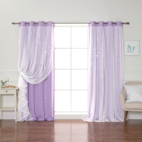 Purple is the color of wealth, royalty, wisdom, and imagination, making it a wonderful color to use in the bedroom. Today we are going to be looking a... | Tulle Overlay Star Cut-Out Curtains #PurpleCurtains #Curtains #BedroomCurtains Pastel Purple Room Decor, Lavender Aesthetic Bedroom, Purple Rooms Bedroom, Light Purple Room Decor, Light Purple Bedroom Ideas, Lavender Room Aesthetic, Lavender Room Decor, Purple Curtains Bedroom, Lavender Bedroom Decor