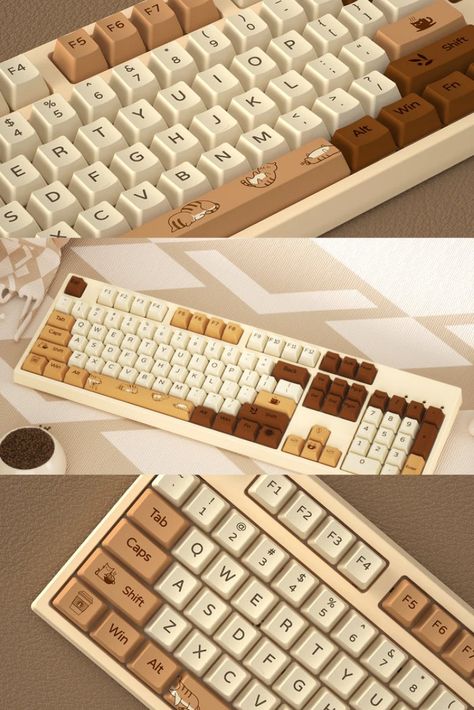 Elevate your typing experience with a touch of coffee-inspired kawaii aesthetics using the Coffee Aesthetic Cute Keyboard! 🌟☕ Immerse yourself in the world of cuteness and charm as you type and game in style. Crafted with attention to detail, this keyboard features delightful coffee-themed design elements that add a touch of warmth to your workspace. ☕🌟⌨️ Cream Keyboard, Aesthetic Gaming Keyboard, Cute Keybored Theme, Cute Keycaps Aesthetic, Aesthetic Keyboards, Aesthetic Electronics, Cute Mechanical Keyboard, Fancy Keyboard, Keyboard Aesthetic