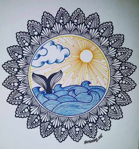 Ocean Mandala Drawing, Beach Mandala Art, Zentangle Ocean Patterns, Summer Mandala Art, Water Doodle Art, Beachy Doodles, Ocean Zentangle, Water Mandala, Ocean Doodles