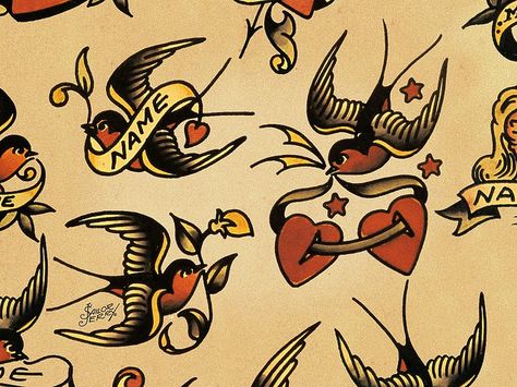 SAILOR JERRY Traditional Swallow, Swallow Bird Tattoos, Sailor Jerry Flash, Sailor Jerry Tattoo Flash, Vintage Style Tattoos, Sailor Jerry Tattoos, Tattoo Old School, Swallow Tattoo, Traditional Flash