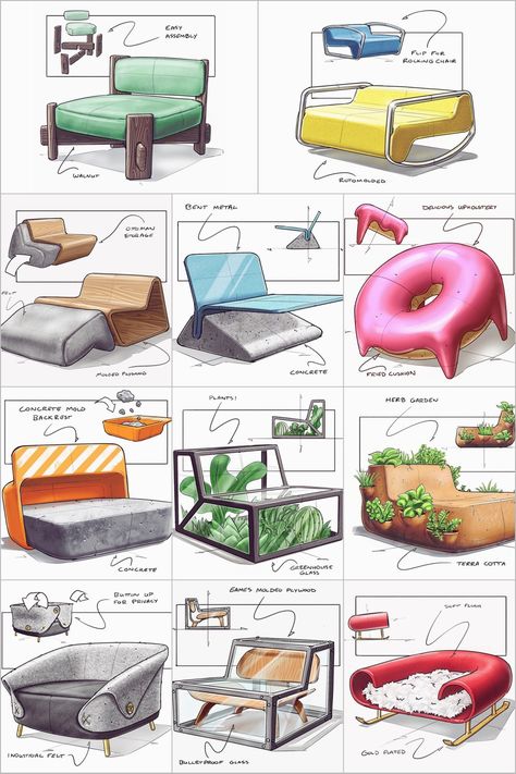 Furniture Sketches Interiors, Furniture Design Sketches Drawings, Furniture Sketches Drawings, Product Design Sketch Concept, Interior Design Clipart, Furniture Sketches, Industrial Concept, Interior Design Sketchbook, Drawing Furniture