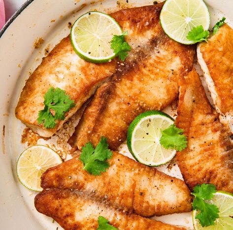 Pan-Fried Tilapia - Delish.com Fried Tilapia Recipes, Pan Fried Tilapia, Tilapia Recipes Easy, Fried Tilapia, Baked Tilapia, Tilapia Recipes, Fish Dinner, Fish Dishes, Seafood Dishes