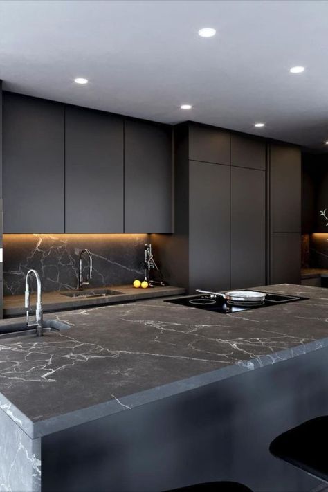 Man’s Kitchen, Modern Luxury Black Kitchen, Kitchen Full Wall Cabinets, Dark Modern Kitchen, Small Modern Kitchen Ideas, Brown Kitchen Designs, Kitchen Design Countertops, Modern Black Kitchen, Kitchen Design Black