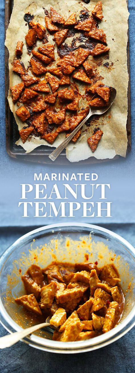 Saucy, baked tempeh marinated in a spicy-sweet peanut sauce! Super flavorful, heart and perfect for topping noodles, salads and more! Vegan + gluten free! Peanut Tempeh, Appetizers Vegetarian, Baked Tempeh, Tempeh Recipes, Peanut Sauce, Tofu Recipes, Tempeh, Vegan Eating, Vegan Dishes