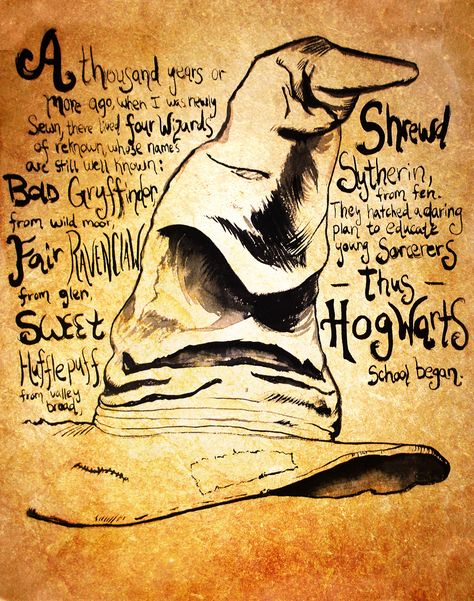 An Illustration of the sorting hat from the Harry Potter series, along with the sorting hat's poem. Sorting Hat Drawing, Hat Quotes, Classe Harry Potter, Harry Tattoos, The Sorting Hat, Hat Drawing, Harry Potter Sorting, Harry Potter Sorting Hat, Harry Potter Art Drawings