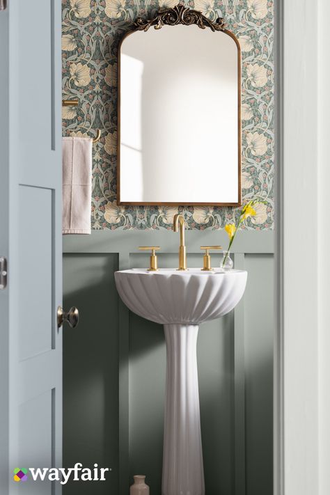 Found: scroll-stopping bathroom inspiration. Find pedestal sinks, vintage-inspired mirrors, and floral wallpaper to make this look yours at wayfair.com Small Bath With Pedestal Sink, Half Bath Pedestal Sink Wallpaper, Vintage Pedestal Sink Bathroom, Bathroom Mirror Over Pedestal Sink, Powder Bath Pedestal Sink, Pedastle Sink, Half Bath Pedestal Sink, Powder Room Ideas Pedestal Sink, Bathroom With Pedestal Sink