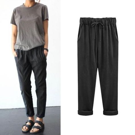 Stock COLOR Plus Size Harem Pants, Black Trousers Women, Harem Pants Fashion, Celana Fashion, Cotton Harem Pants, Harem Pants Women, Cropped Linen Pants, Black Cropped Pants, Travel Pants