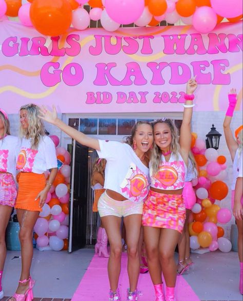 Girls Just Wanna Go Bid Day, Y2k Bid Day Theme, Bud Day Themes, Bid Day Themes Sorority Unique, 70s Bid Day, Recruitment Themes Sorority, Sorority Spirit Week, Disco Bid Day, Bid Day Themes Sorority