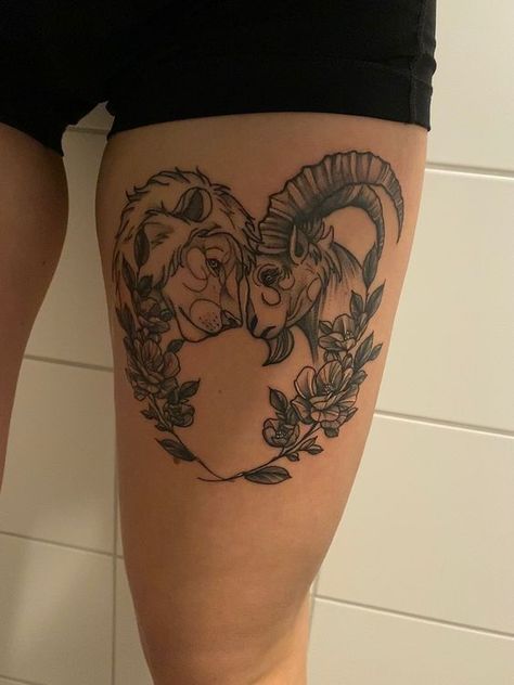 Cute Goat Tattoo For Women, Capricorn Goat Tattoo For Women, Leo Capricorn Tattoo, Taurus Sleeve Tattoos For Women, Capricorn And Leo Tattoo Combined, Leo And Capricorn Tattoo Together, Capricorn Leo Tattoo, Leo And Capricorn Tattoo, Bull Flower Tattoo