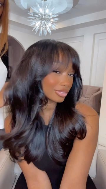 Wigs For Black Women Black, Pampering Ideas, Black Women With Curtain Bangs, Bangs And Layers Black Women, Blowout With Bangs Black Women, Wig With Bangs For Black Women Color, Bangs And Curls, Wig With Curtain Bangs, Weave With Bangs Black Women