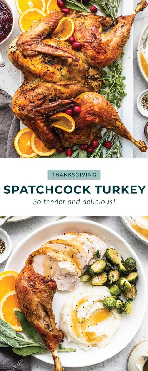 Spatchcock Turkey Recipe - Fit Foodie Finds Wet Brine Spatchcock Turkey, Splatcocked Turkey, Grilled Spatchcock Turkey, Spachocked Turkey, Spatchcock Turkey Recipe, Turkey In Oven, Spatchcock Turkey, Homemade Turkey Gravy, Turkey Seasoning