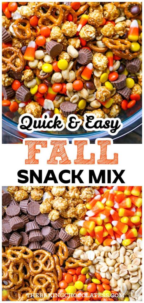 Discover fun and easy fall snack mix ideas! These simple party food recipes will have your guests craving more. Filled with irresistible sweets, candy, and delectable desserts, they're the perfect comfort food for the fall season. Ideal for casual hangouts or festive gatherings. Try them out and sweeten up your autumn celebrations! Fall Snack Mix Ideas, Football Breakfast, Fall Trail Mix Recipe, Breakfast Tailgate, Fall Snack Mix Recipes, Fall Chex Mix Recipes, Halloween Chex Mix Recipes, Fall Party Snacks, Chex Mix Recipes Sweet