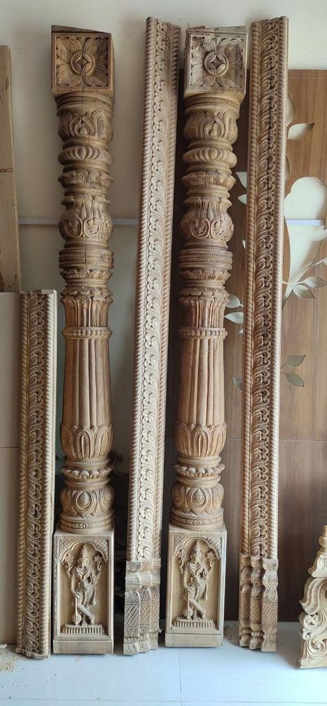 Pooja Room Pillar Design, Temple Pillar Designs, Wooden Pillars Design, Pooja Door Design, Wood Carving Art Sculpture, Wooden Workshops, Wooden Pillars, Wood Carving Furniture, Front Door Design Wood