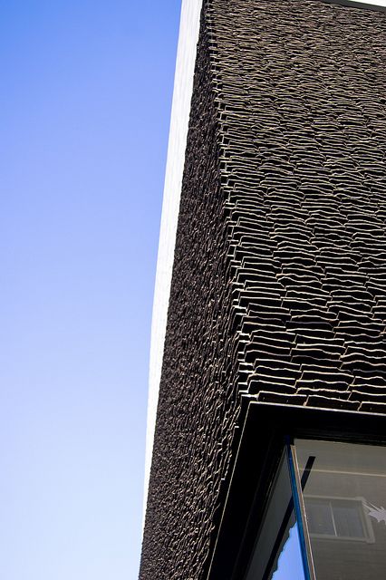 Stacked Slate Siding - Japan by architecturegeek, via Flickr Slate Architecture, Easdale Island, Slate Stone Wall, Slate Interior, Slate Cladding, Stacked Stone Walls, Retail Facade, Slate Wall, House Wall Design