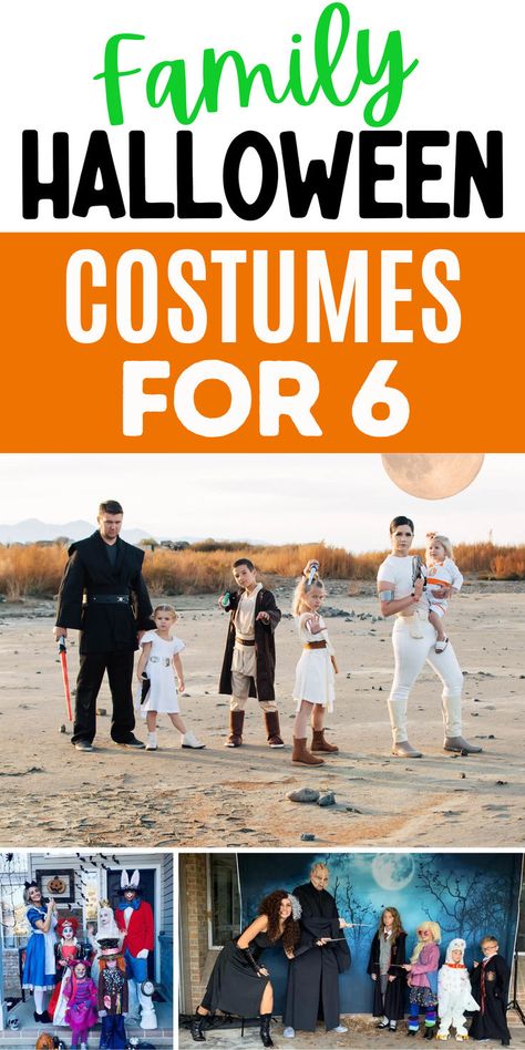 Collage of family Halloween costumes for 6 people. Halloween Costumes For A Family Of Four, Family Of Six Halloween Costumes, Family Of 6 Costumes, Family Costumes For 6 People, Family Cosplay Ideas, Family Friendly Halloween Costumes, Costumes For 6 People, Family Of 6 Halloween Costumes, Halloween Costumes For 6 People