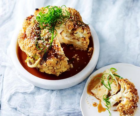 This whole cauliflower is roasted with a miso glaze for a tasty vegan recipe that makes a great alternative to roast meat that's super easy. Whole Cauliflower Recipes, Miso Cauliflower, Whole Cauliflower, Cheesy Cauliflower Bake, Cauliflower Couscous, Miso Glaze, Whole Roasted Cauliflower, Australia Food, Cauliflower Recipe