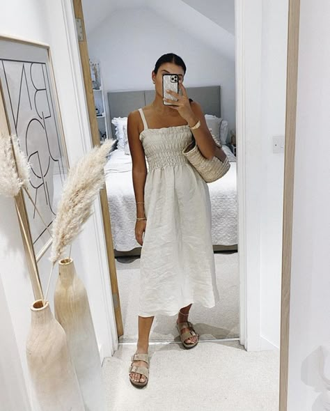 linen smocked sundress + birkenstock sandals Dress With Birkenstocks, Birkenstock Outfit Women, White Birkenstock Outfit, White Sundress Outfit, Birkenstock Outfit Summer, 2023 Clothes, Birkenstock Outfit, Outfit Inspiration Women, Post Partum Outfits