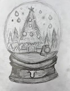 Education Art, Snowglobe Drawings, Snowglobe Drawing, Snowglobe Ideas, Snow Globe Art, Winter Art Project, Drawing Winter, Art Room Doors, Winter Drawings