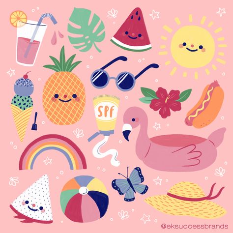 Enjoy the Summer vibes! Summer Cartoon Aesthetic, Cute Summer Illustration, Summer Objects, Summer Artwork, Summer Illustration Design, Summer Designs, Summer Illustrations, Summer Graphics, Summer Pattern