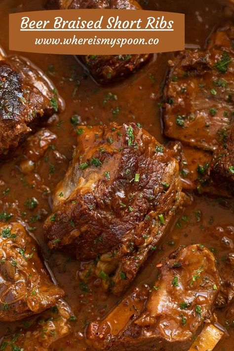 These melt-in-your-mouth, flavorful beer-braised short ribs with Guinness are best served on a bed of creamy mashed potatoes. This is comfort food at its best! #whereismyspoon #beershortribs #shortribsrecipe #braisedshortribs #cookshortribs #beefshortribs #guinnessshortribs #guinnessribs #guinnessrecipe #stpatricksdayrecipes #stpatricksdayfood Short Ribs Dutch Oven, Cooking Beef Ribs, Beef In Beer, Short Rib Recipes Oven, Braised Beef Short Ribs Recipe, Pork Short Ribs, Ribs Recipe Oven, Beer Braised Short Ribs, Short Rib Stew