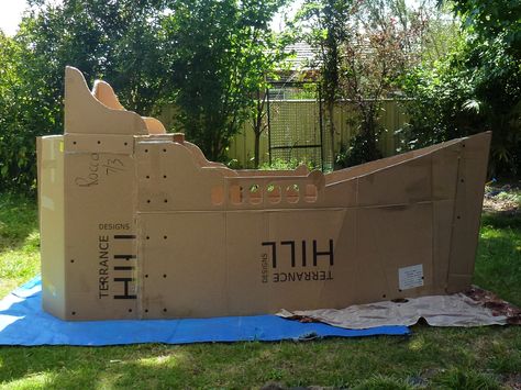 Cardboard Pirate Ship Pirate Ships Diy, Cardboard Pirate Ship, Cardboard Boat, Large Cardboard Boxes, Halloween Decorations To Make, Halloween Yard Art, Pirate Crafts, Pirate Boats, Pirate Decor