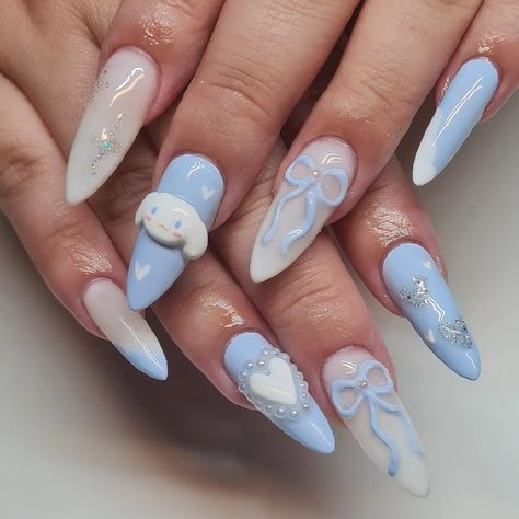 best boy cinnamoroll!!!!!!! ℹ️ book gel-x set with tier two art #cinnamorollnails #bluenails #melbournenailartist White Nails With Blue Chrome, Cinnamonroll Nails Designs, Blue Charm Nails, Bday Nail Ideas, Almond Nails Baby Blue, Cinnamoroll Nail Art, Cinnamon Roll Nails, Long Winter Nails, Cute Nails Blue