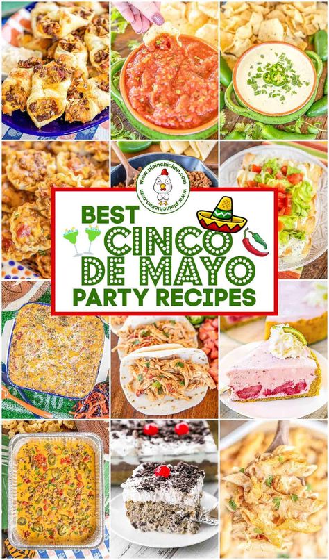 Cinco de Mayo Party Recipes - 15 easy and delicious recipes for your upcoming Cinco de Mayo celebrations! Dips, finger foods, salsa, margaritas, main dishes, and desserts! Something for everyone! Several of the recipes can be made in advance and refrigerated or frozen for later. These recipes are sure to be the hit of your fiesta! Fiesta Recipes, Mexican Side, Mexican Meals, Pasta Meals, Meal Planners, Pot Dinners, Plain Chicken, Party Trays, Menu Plan