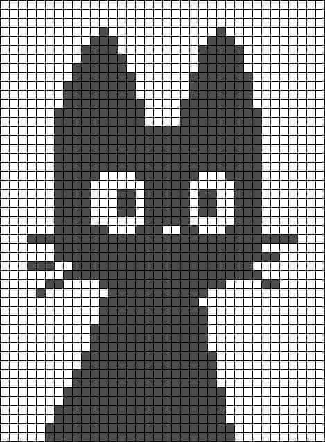 Crochet Pixel Pattern Studio Ghibli, Crochet Cat Graph, Alpha Patterns Studio Ghibli, Ghibli Tapestry Crochet, Black And White Tapestry Crochet, Ghibli Knitting, Pixel Grid Crochet Patterns, Studio Ghibli Alpha Pattern, Pixel Art Ghibli