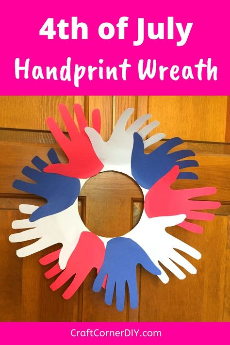 Learn how to make a festive patriotic wreath with your child's handprints.  Easy 4th of July craft for kids.  #patriotickidswreath #patrioticwreath #4thofJulykidscraft Wreath Kids Craft, Hand Wreath, Fourth Of July Crafts For Kids, Patriotic Kids, Summertime Crafts, Carnival Ideas, Paper Plate Crafts For Kids, Flag Crafts, Summer Board