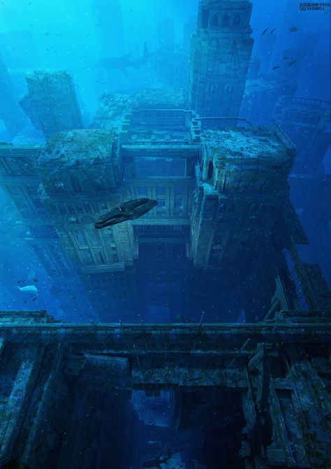 Sunken City Underwater Ruins, شرم الشيخ, Sunken City, Underwater City, Underwater Scene, Fantasy Places, Matte Painting, Wow Art, Lost City